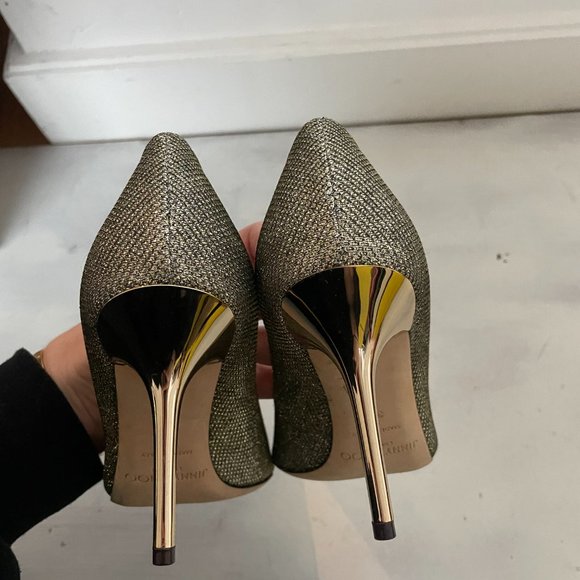 Jimmy Choo Peep Toe Pumps Sz 36.5 Gold Glitter High Stiletto Heels - Picture 8 of 11